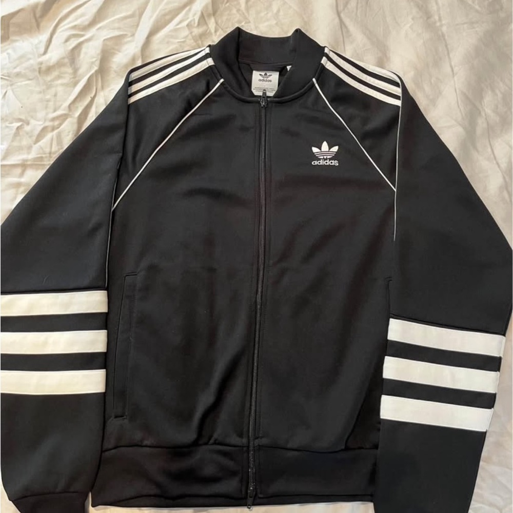 Adidas Men's Black Bomber Jacket with White Stripes small but fits like a medium